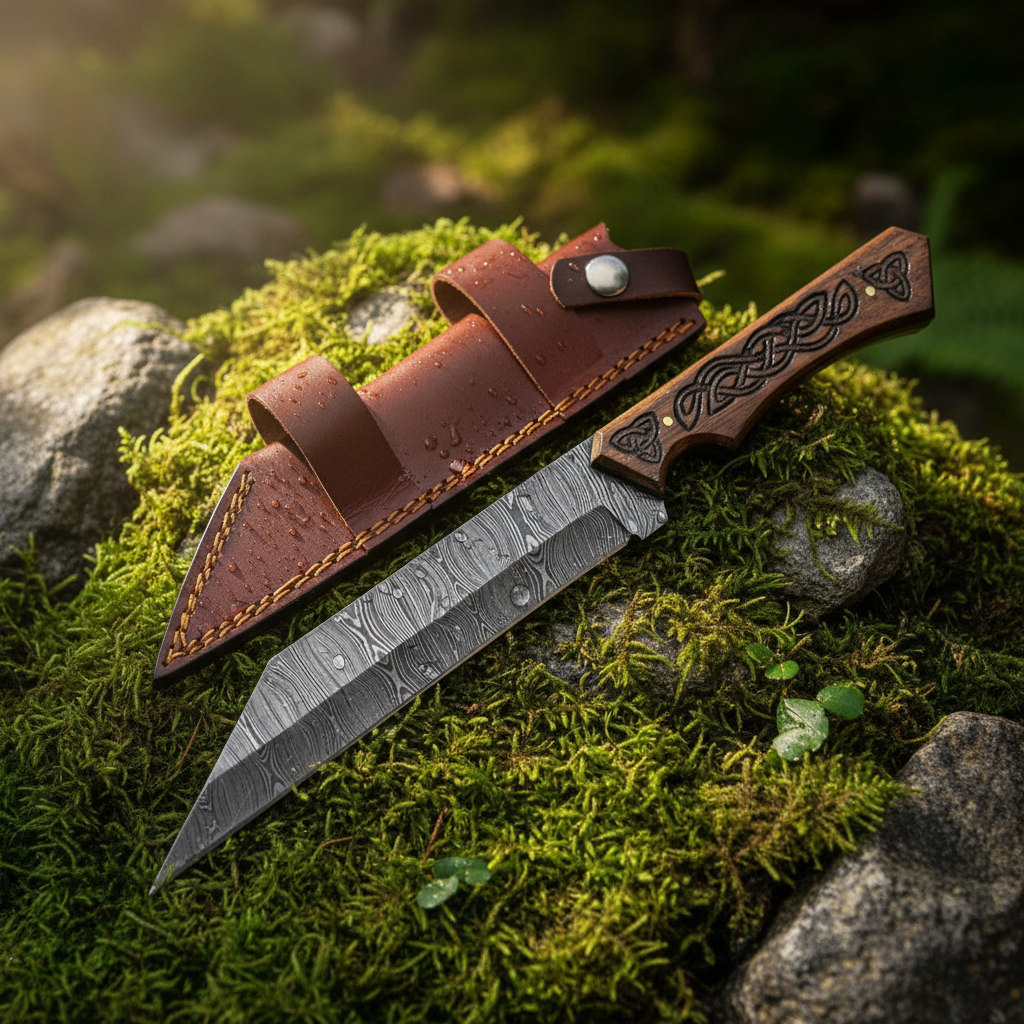 Handmade Damascus steel Seax knife with carved walnut handle and leather sheath resting on mossy green rocks