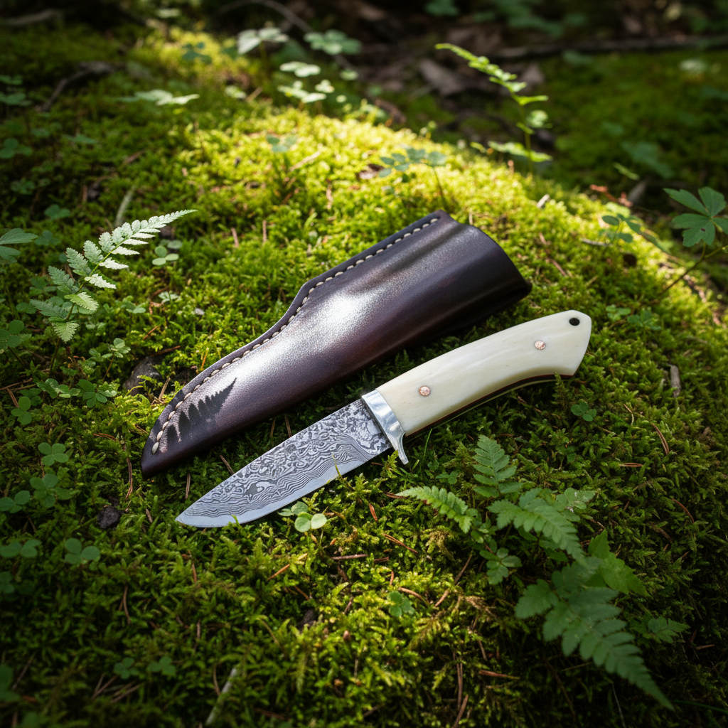 Handmade Damascus knife and dark brown leather sheath resting on green forest moss in natural outdoor setting