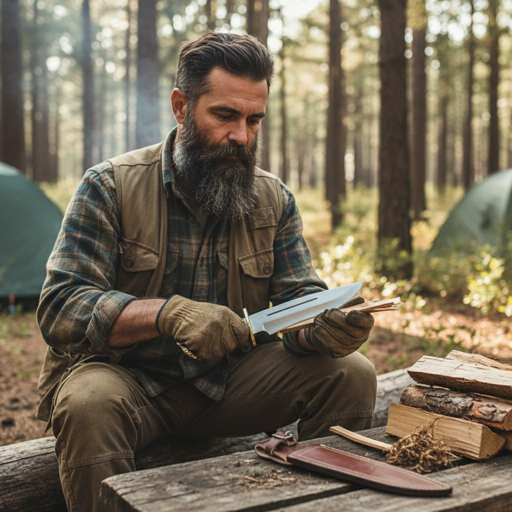 Bearded camper using a handmade D2 Bowie knife at a forest campsite