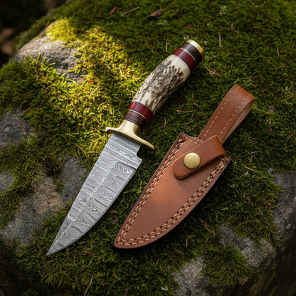 Damascus hunting knife with stag horn handle and brown leather sheath on green forest moss