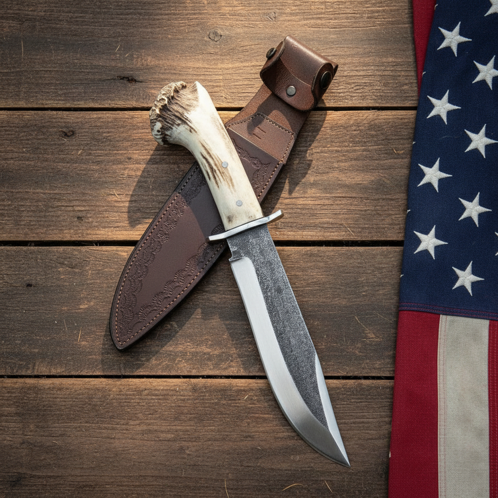 Hand forged high carbon Bowie hunting knife with stag antler crown handle and embossed leather sheath on rustic wood with an American flag