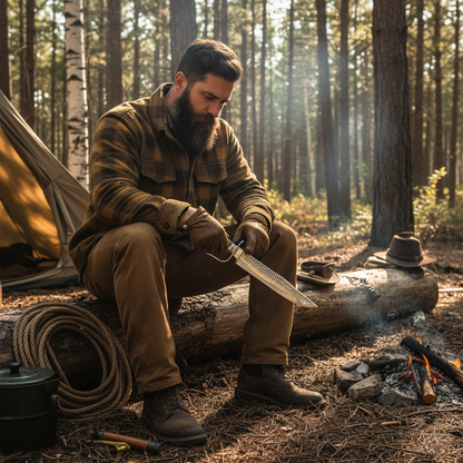 Rugged bearded outdoorsman looking down holding large farrier rasp Bowie knife stag antler D-guard at sunny forest campsite