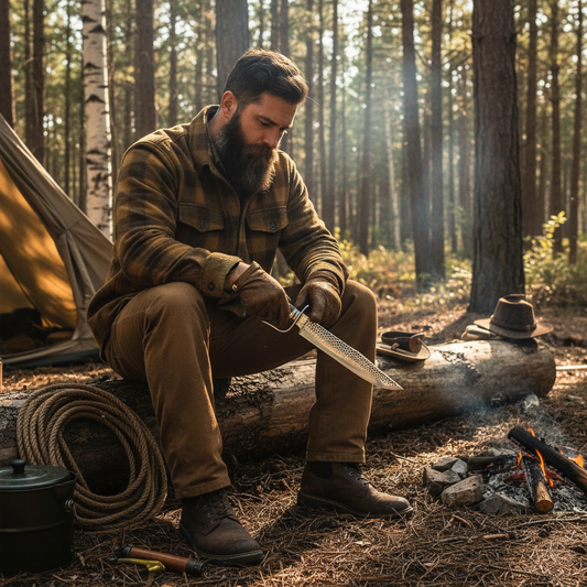 Rugged bearded outdoorsman looking down holding large farrier rasp Bowie knife stag antler D-guard at sunny forest campsite