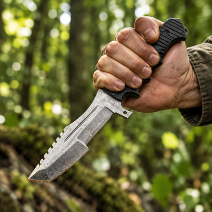Rugged hand gripping carbon steel tracker survival knife black grooved Micarta handle dynamic outdoor grip pose forest bokeh