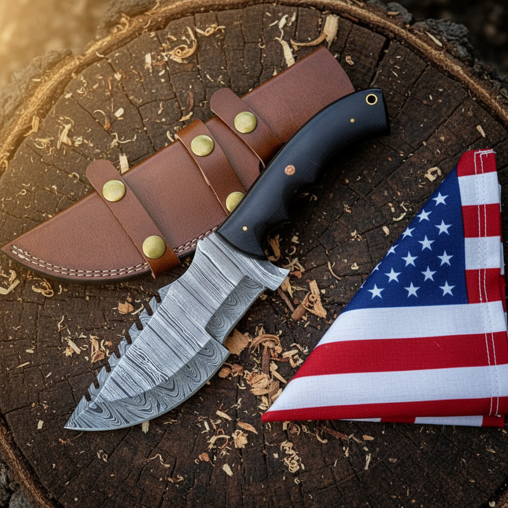 Damascus black micarta tracker knife on dark brown rustic wood surface with USA flag on right side hero shot