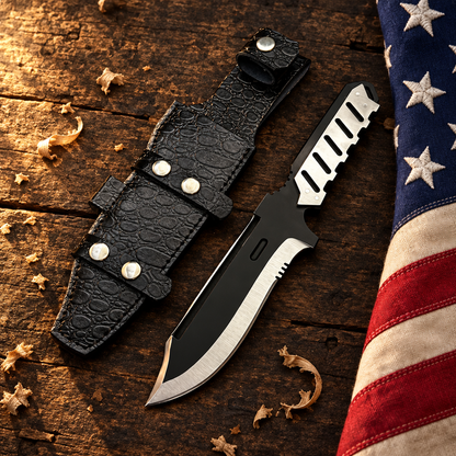 Handmade MGS4 Old Snake replica tactical knife hero flat lay on rustic dark wood with American USA flag