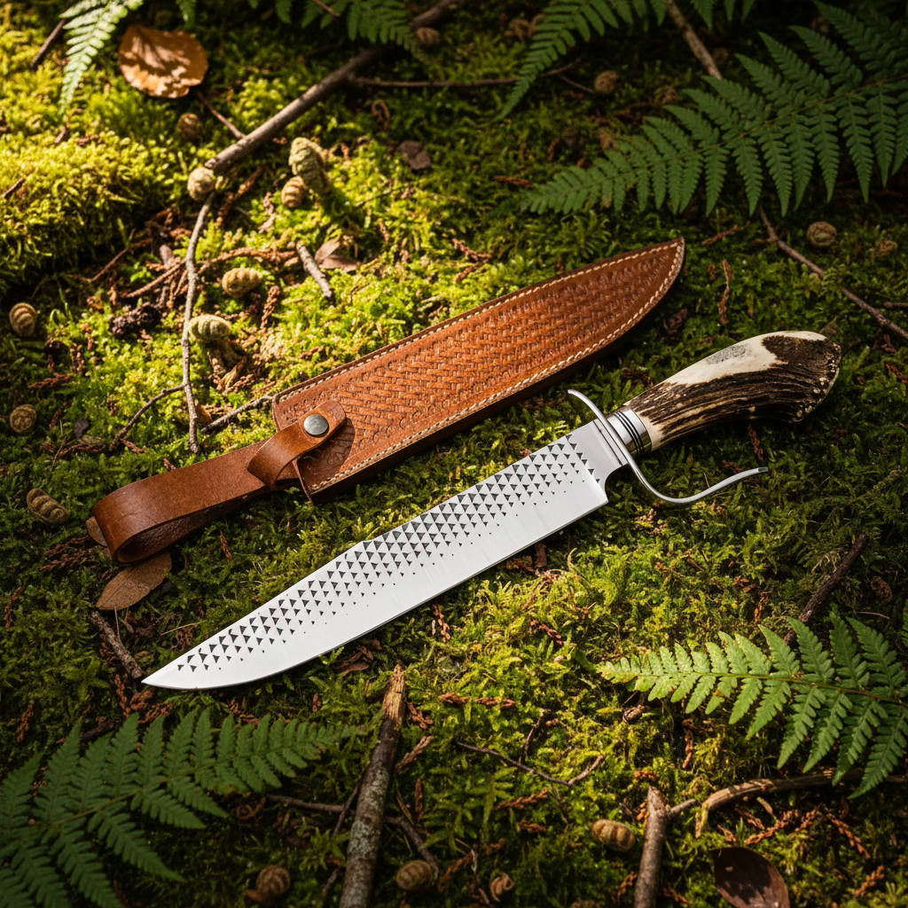Large farrier rasp Bowie knife and basketweave leather sheath resting on thick green forest moss natural outdoor setting