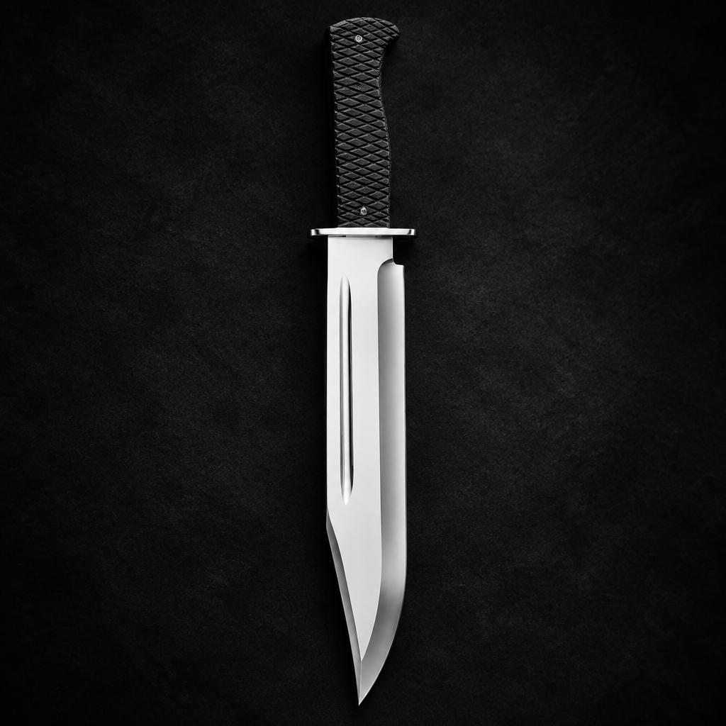 Carbon steel Bowie knife double fuller black Micarta handle steel crossguard studio shot deep black charcoal background