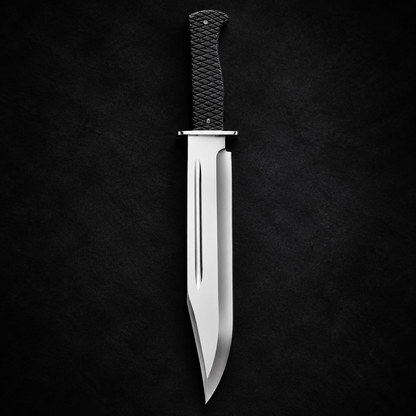Carbon steel Bowie knife double fuller black Micarta handle steel crossguard studio shot deep black charcoal background