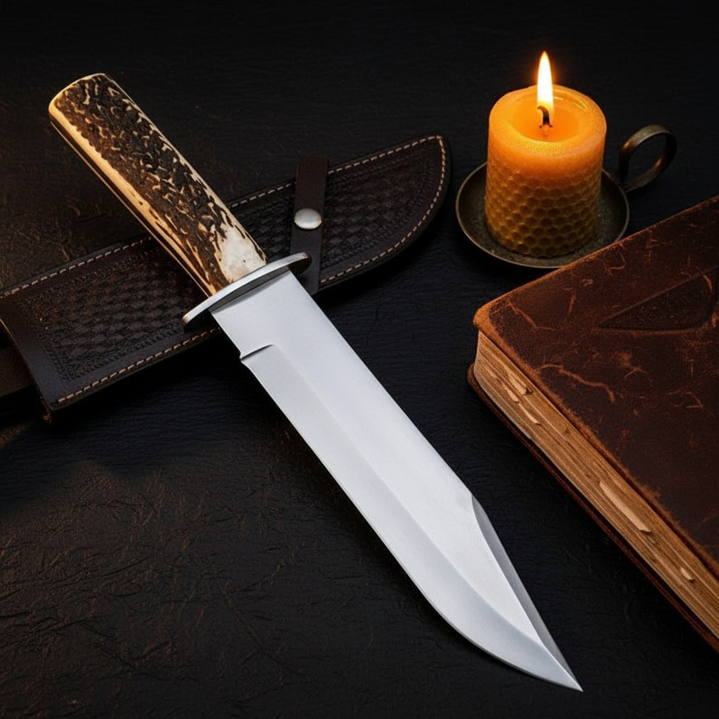 D2 steel Bowie knife stag antler handle dark luxury cinematic editorial shot with leather journal and candle glow