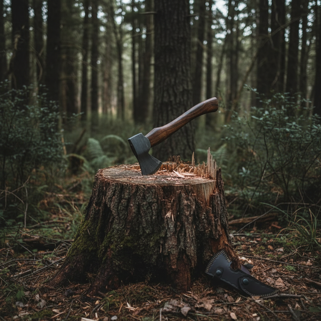 Handmade Damascus bearded axe embedded in chopped log stump in dense forest