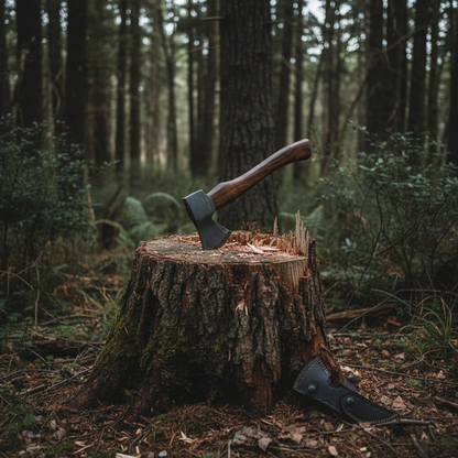 Handmade Damascus bearded axe embedded in chopped log stump in dense forest