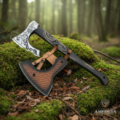 Black engraved axe and matching brown sheath on moss in a forest setting