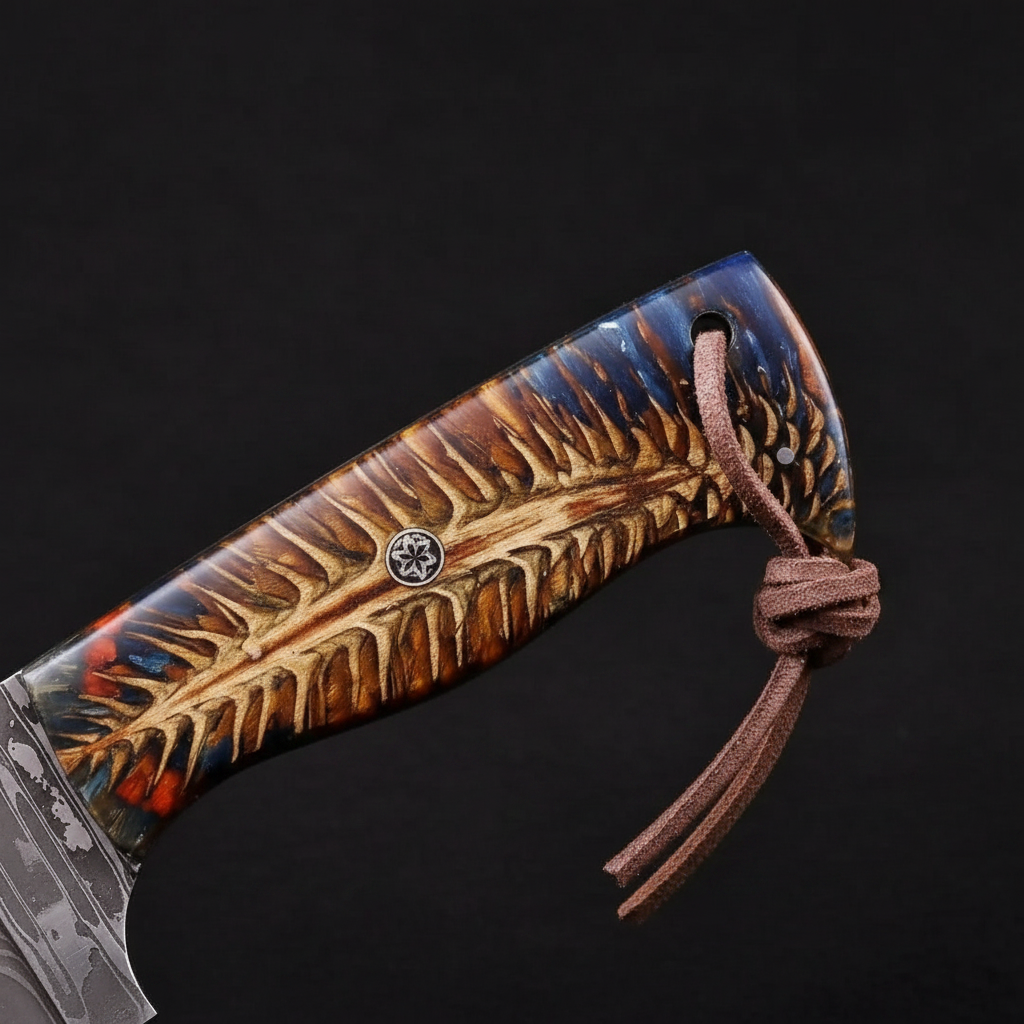 Close view of the stabilized pinecone resin hybrid handle with mosaic pin, lanyard hole, and leather cord