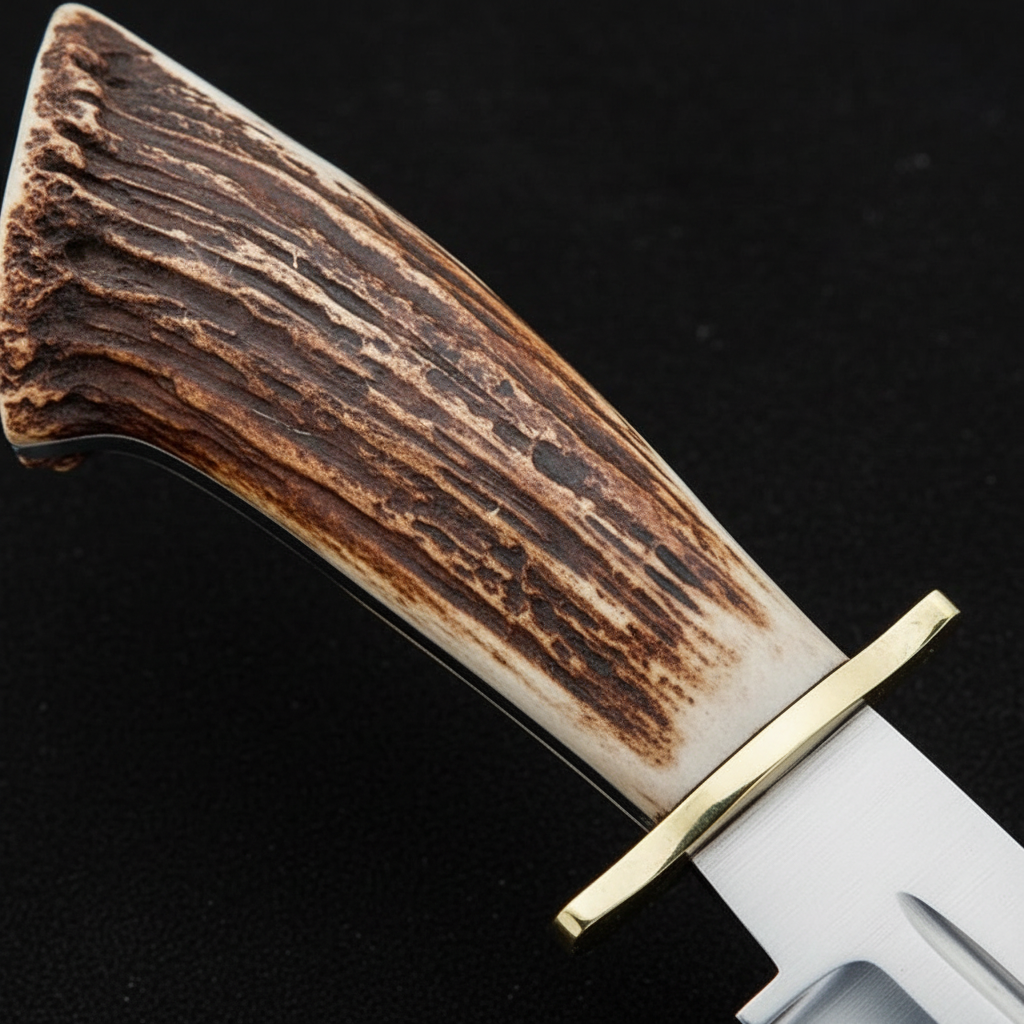 Extreme close-up of natural stag antler handle with brass crossguard on deep black charcoal background