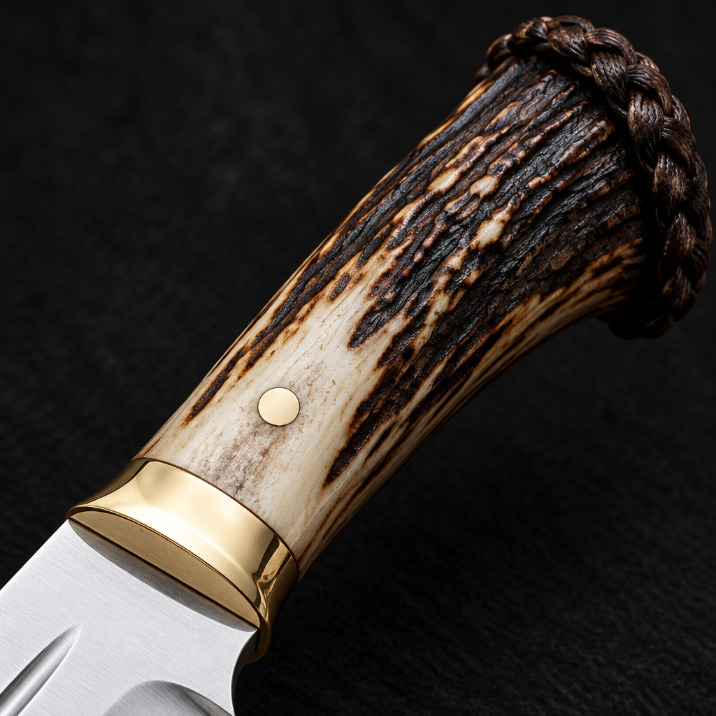 Extreme close-up of natural dark stag horn Bowie knife handle with gold brass bolster on deep black charcoal background