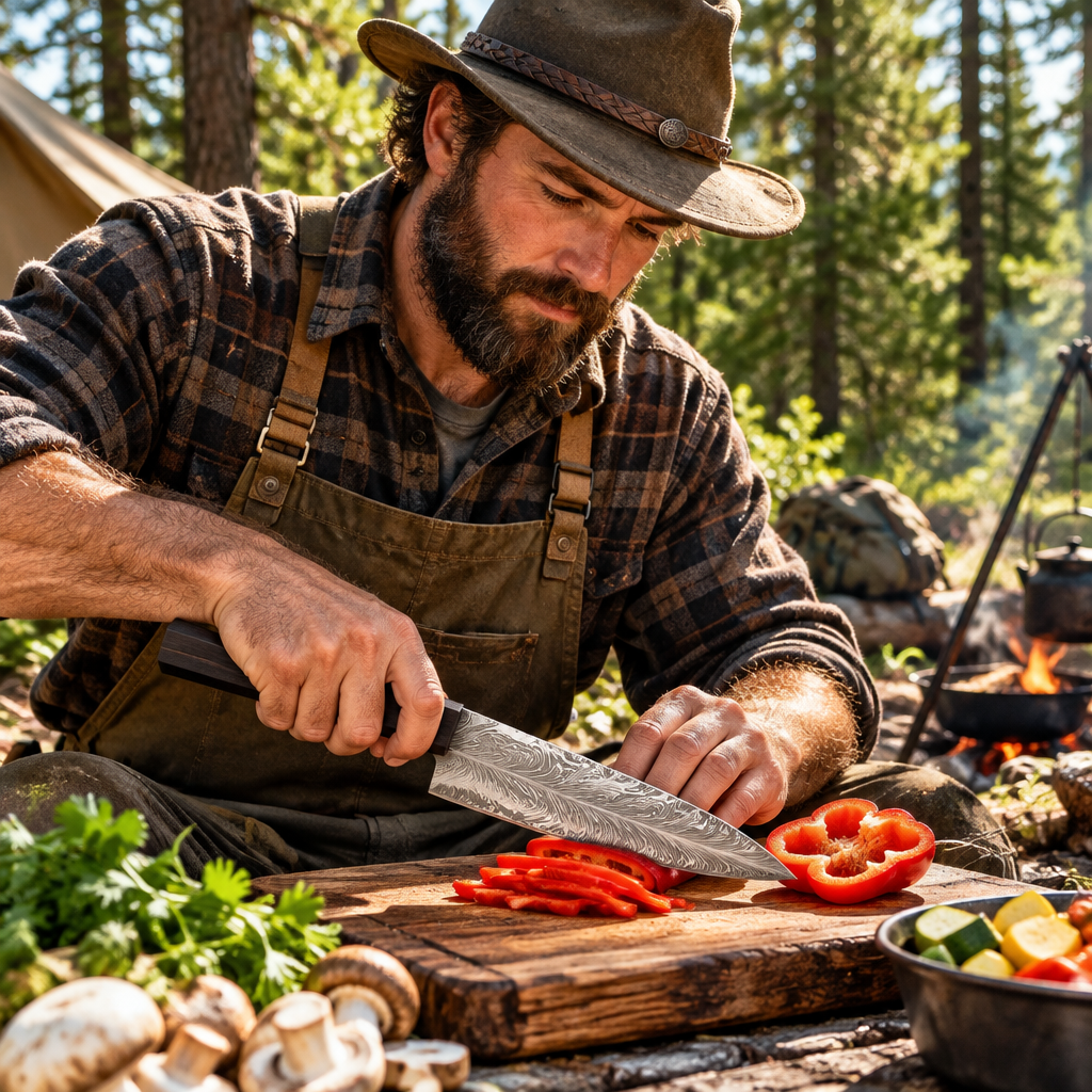 Rugged bearded outdoorsman at forest campsite looking down using handmade feather pattern Damascus chef knife wenge handle outdoor cooking
