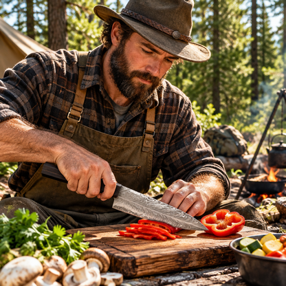 Rugged bearded outdoorsman at forest campsite looking down using handmade feather pattern Damascus chef knife wenge handle outdoor cooking