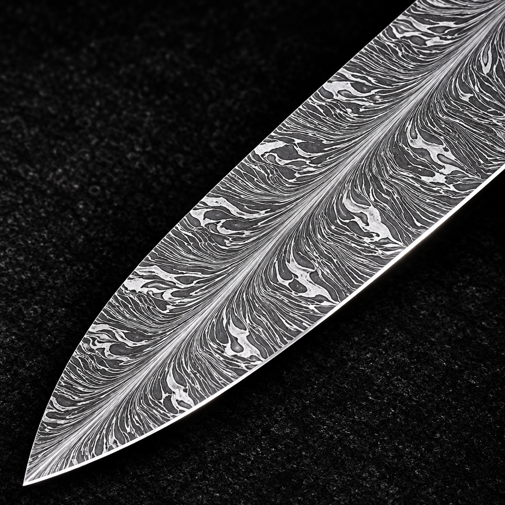 Extreme close-up of handmade feather pattern Damascus steel chef knife blade showing dramatic flowing feather Damascus pattern on black background