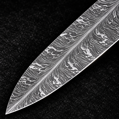 Extreme close-up of handmade feather pattern Damascus steel chef knife blade showing dramatic flowing feather Damascus pattern on black background
