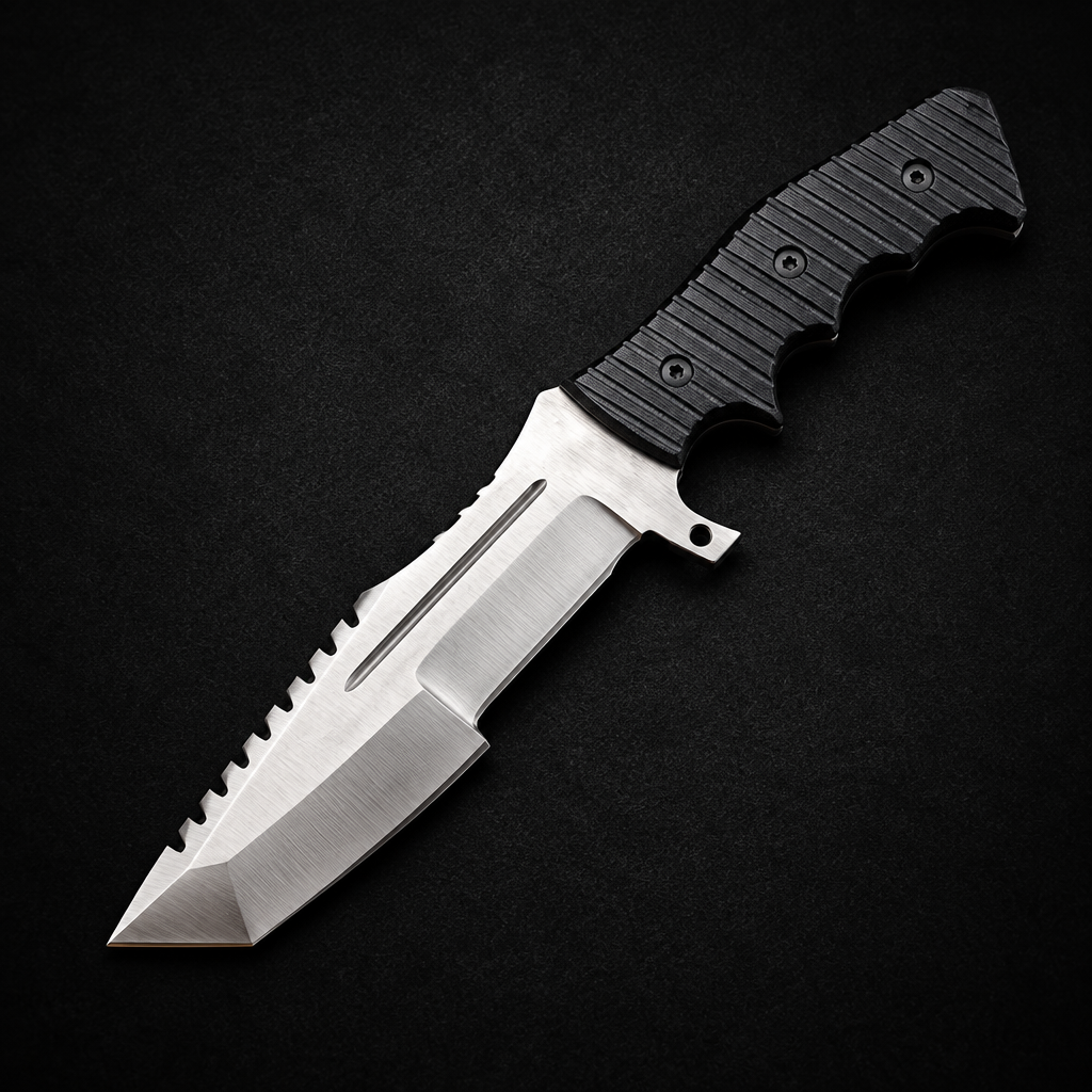Carbon steel tracker knife wide tanto blade black grooved Micarta handle studio shot deep black charcoal background