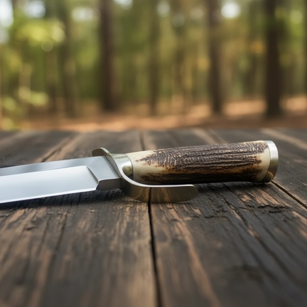 Close-up of the natural antler handle and brass guard on a D2 Bowie knife