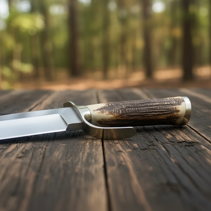 Close-up of the natural antler handle and brass guard on a D2 Bowie knife