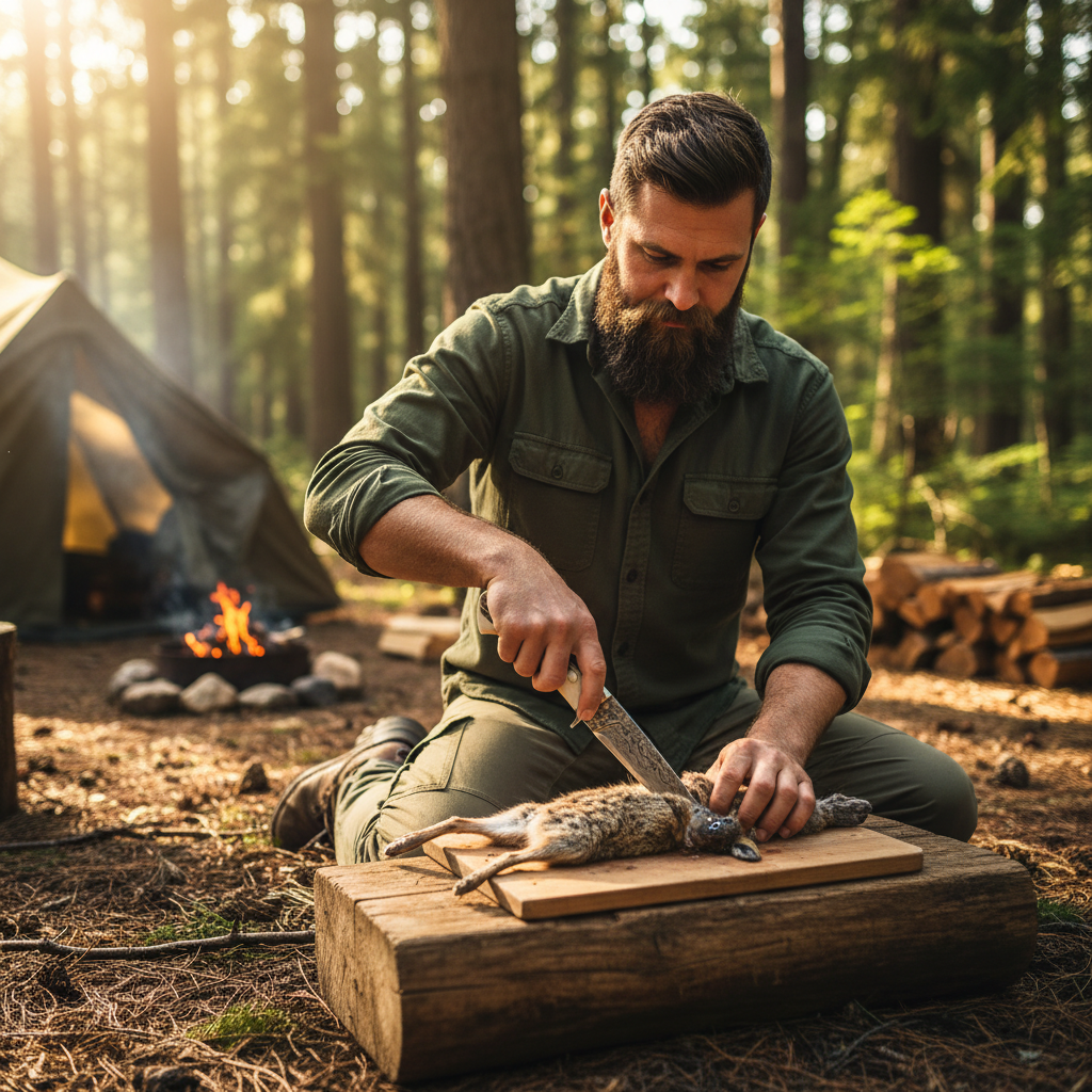 Rugged outdoorsman using Damascus stag horn hunting knife at bright outdoor forest campsite face visible