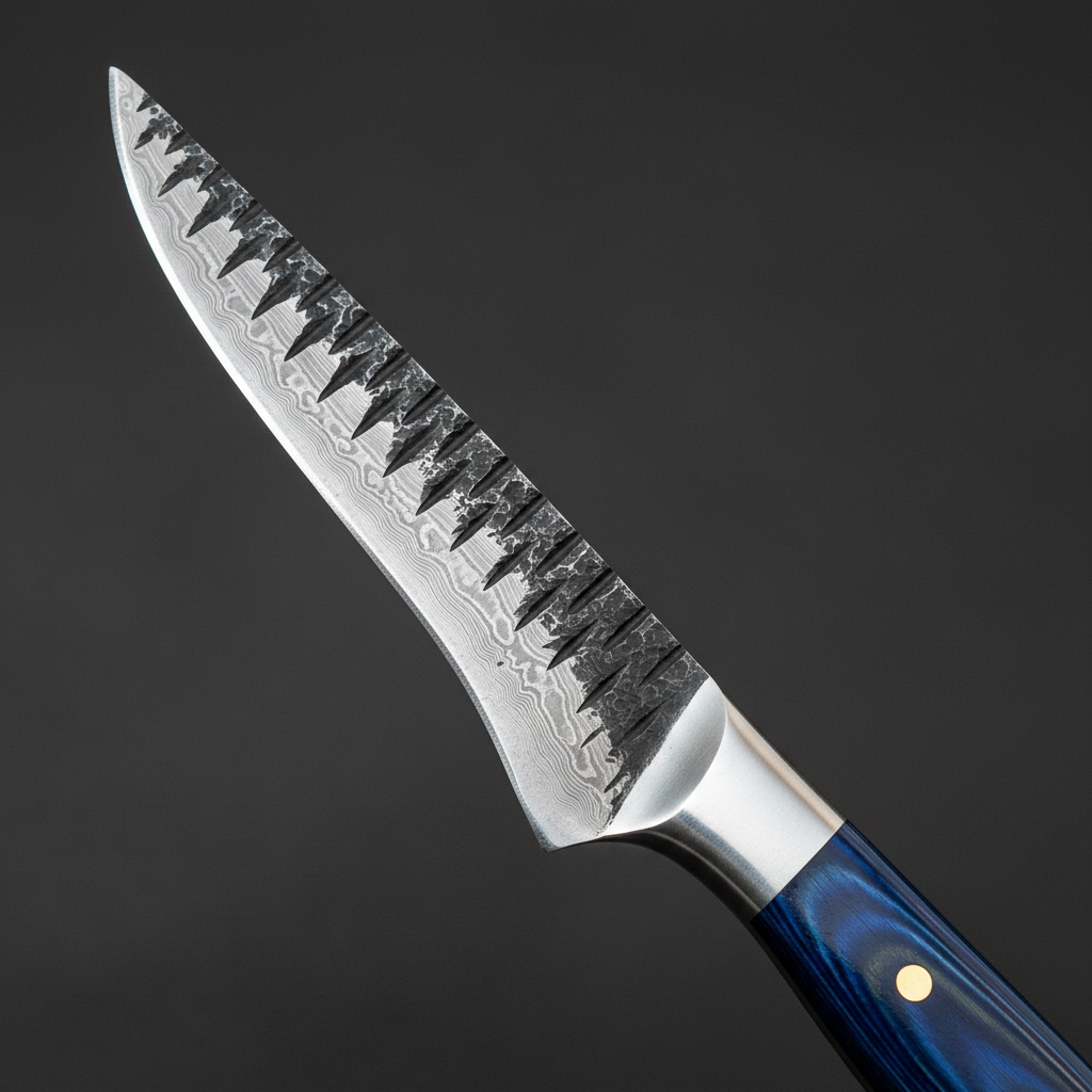 Close view of the Damascus boning and fillet blade with hammered spine texture and polished bolster on black charcoal