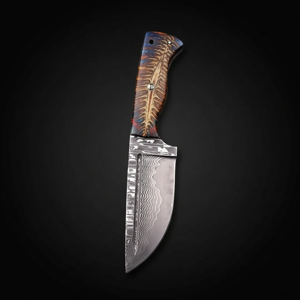 Handmade Damascus tracker hunting knife on a deep black charcoal studio background