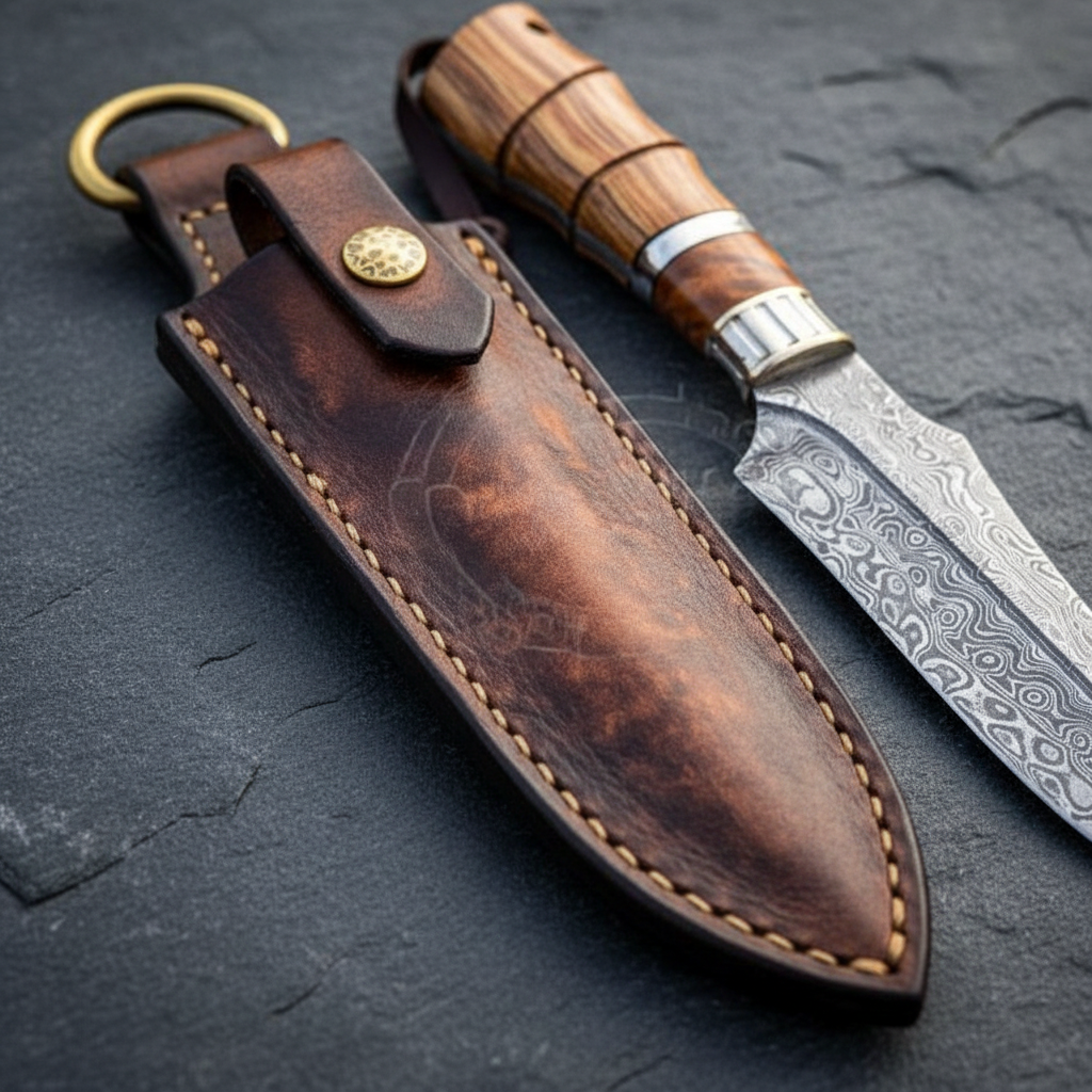 Close-up of the handstitched distressed leather sheath with brass ring for a Damascus steel knife