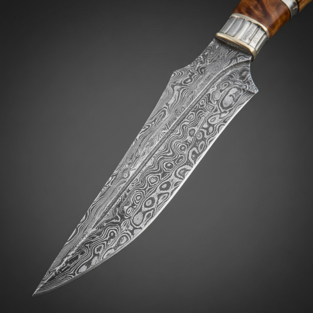 Close-up of the Damascus steel spear-point blade on a handmade dagger knife