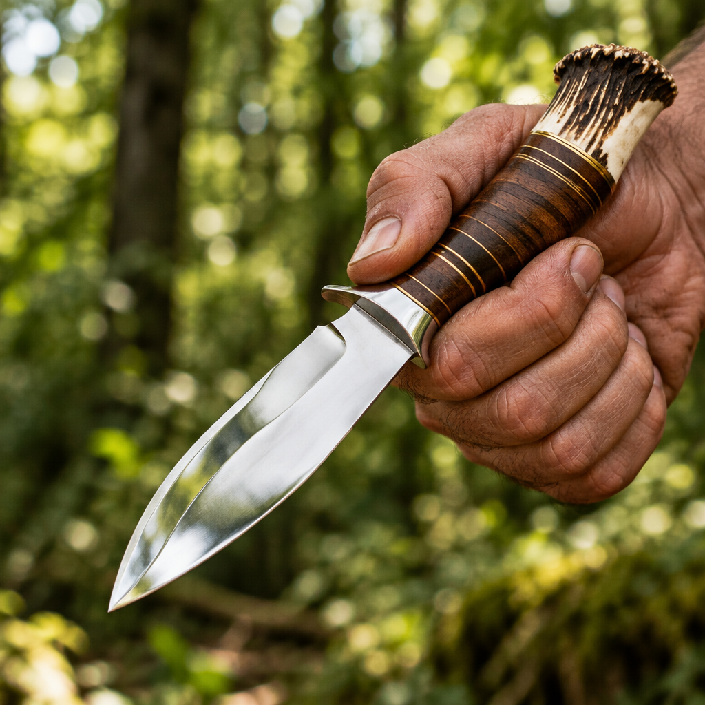 Rugged hand gripping compact handmade D2 steel hunting knife stacked leather handle stag antler crown tip mirror polished blade forest bokeh background