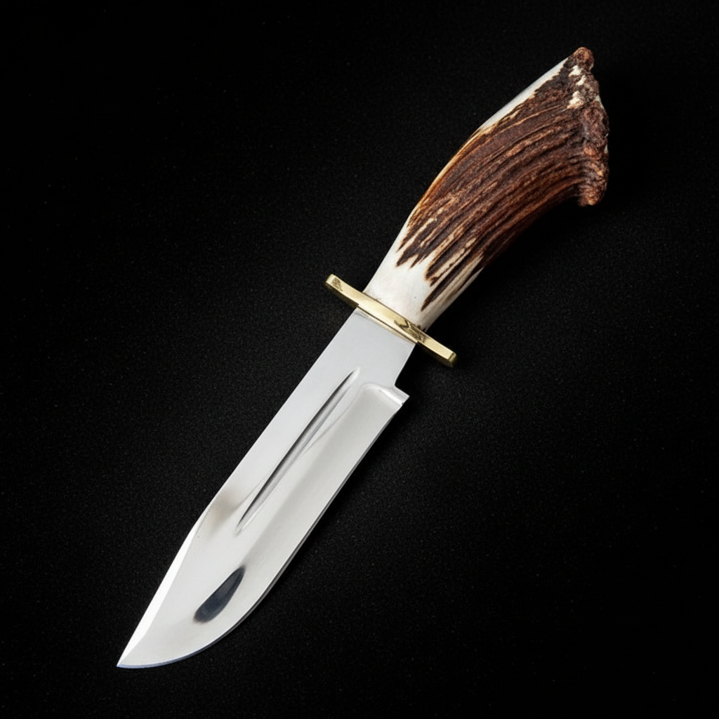 Carbon steel hunting Bowie knife stag antler handle brass crossguard studio shot on deep black charcoal background