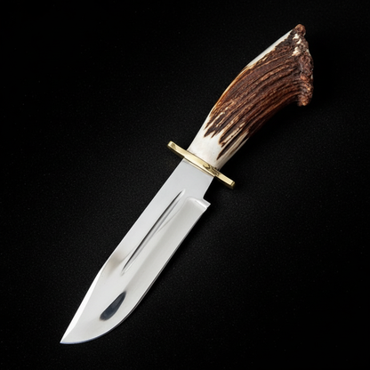Carbon steel hunting Bowie knife stag antler handle brass crossguard studio shot on deep black charcoal background