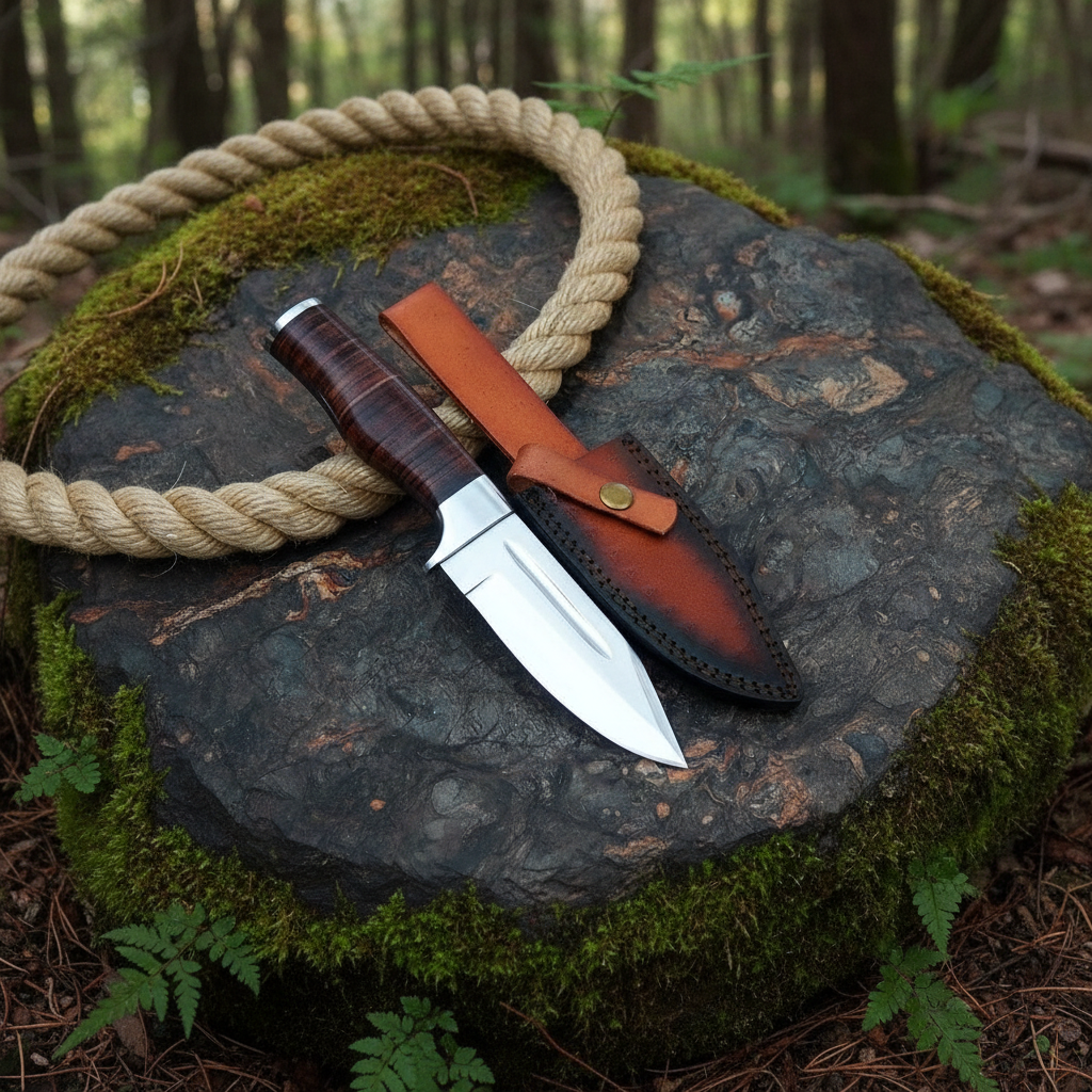 Handmade D2 steel skinner knife with leather handle resting on mossy rock in forest camping scene