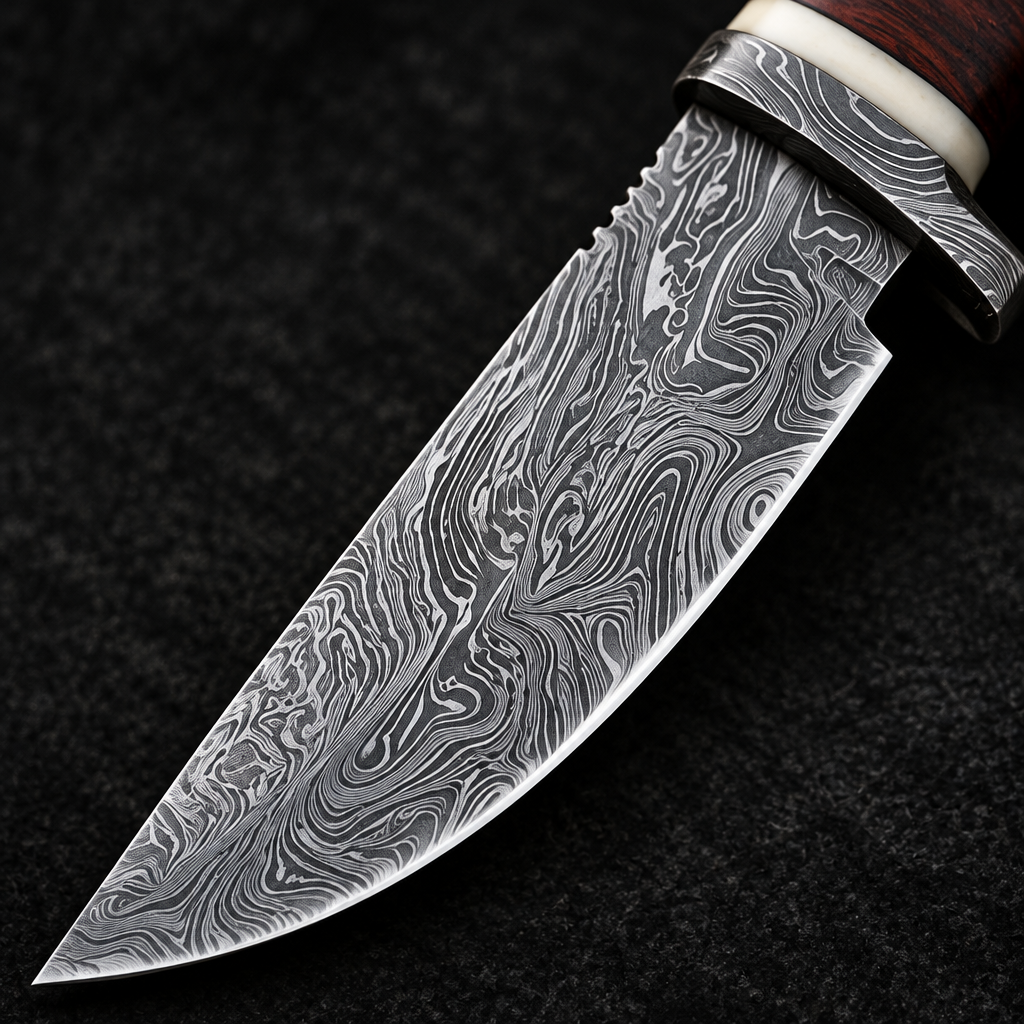 Extreme close-up of handmade twist Damascus steel skinner knife blade with curved edge on deep black charcoal background