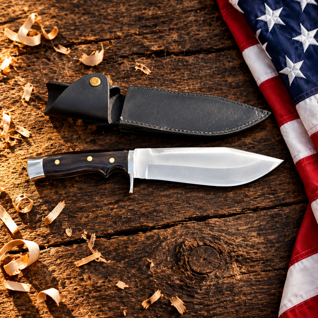 Handmade carbon steel survival Bowie knife dark wood handle hero flat lay on rustic dark wood with American USA flag
