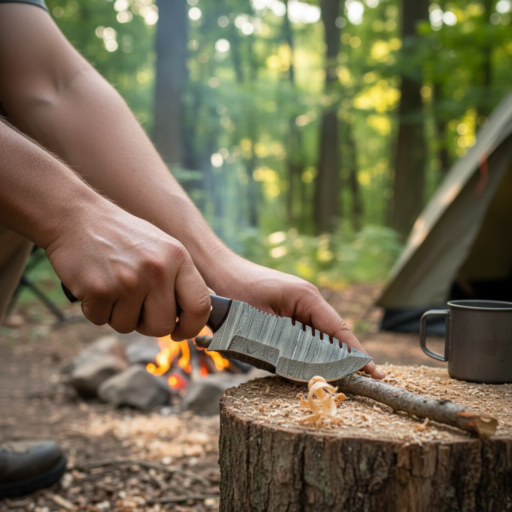 Hands holding a Damascus tracker knife during a campsite woodworking task with no face or flag visible