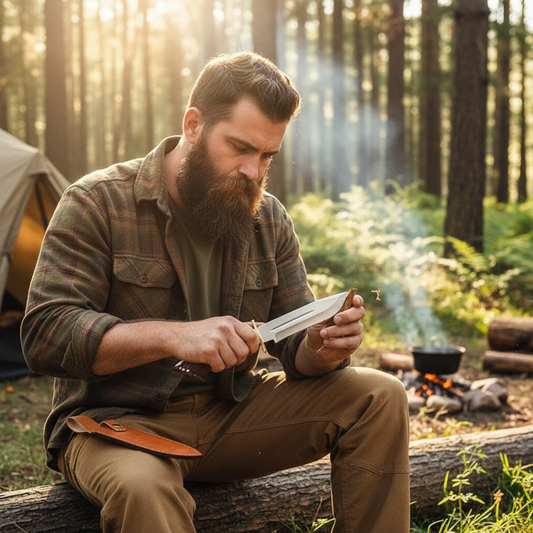 Rugged bearded outdoorsman looking down holding carbon steel hunting Bowie knife stag antler handle at sunny forest campsite