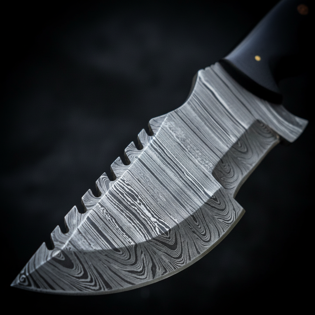 Extreme close-up of Damascus steel tracker blade with fuller grooves flowing layered pattern on black charcoal background