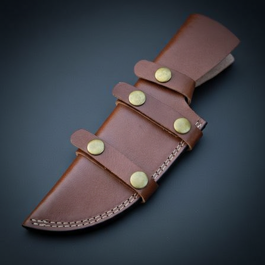 Close-up of the handstitched genuine leather horizontal sheath with brass snaps on charcoal background