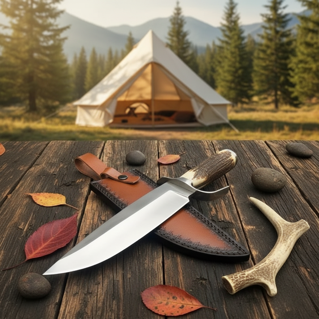 D2 Bowie knife with antler handle and brown leather sheath on a rustic camp table with pine trees