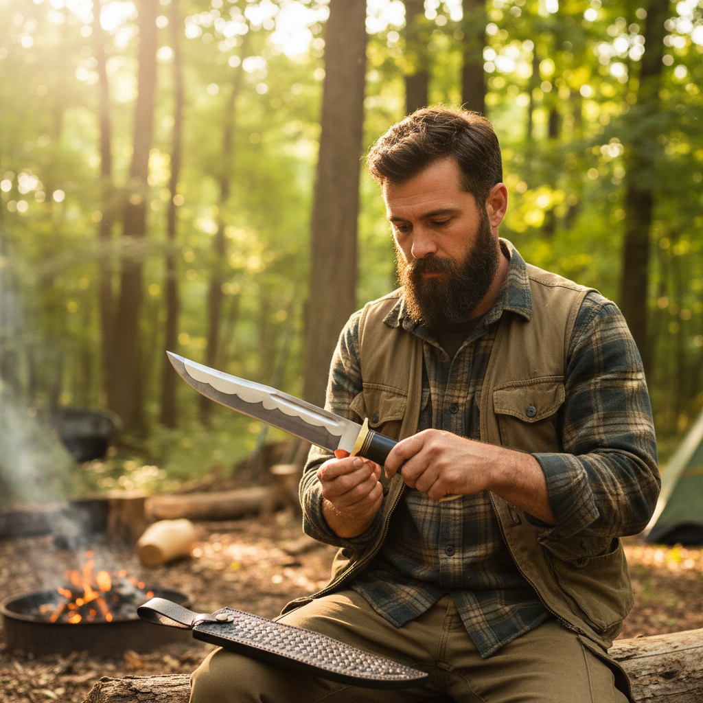 Rugged bearded outdoorsman looking down examining hand forged Bowie knife elk antler handle at sunny forest campsite
