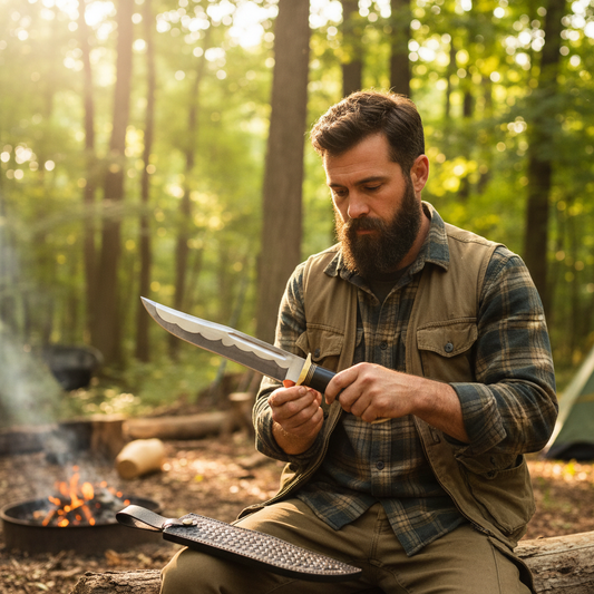 Rugged bearded outdoorsman looking down examining hand forged Bowie knife elk antler handle at sunny forest campsite