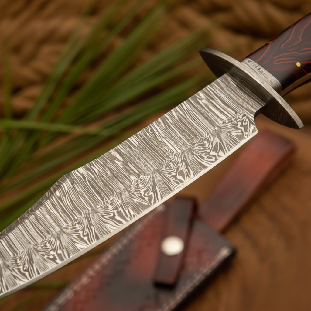 Close-up of the flowing wood-grain and ladder pattern on a Damascus tracker blade