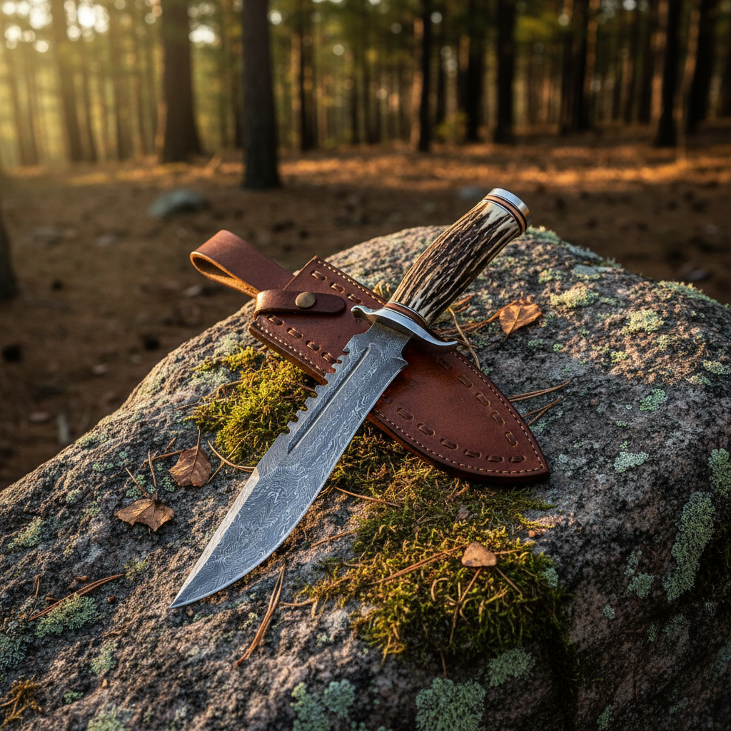 Handmade Damascus Bowie knife with stag antler handle and brown tooled leather sheath flat lay on mossy granite rock