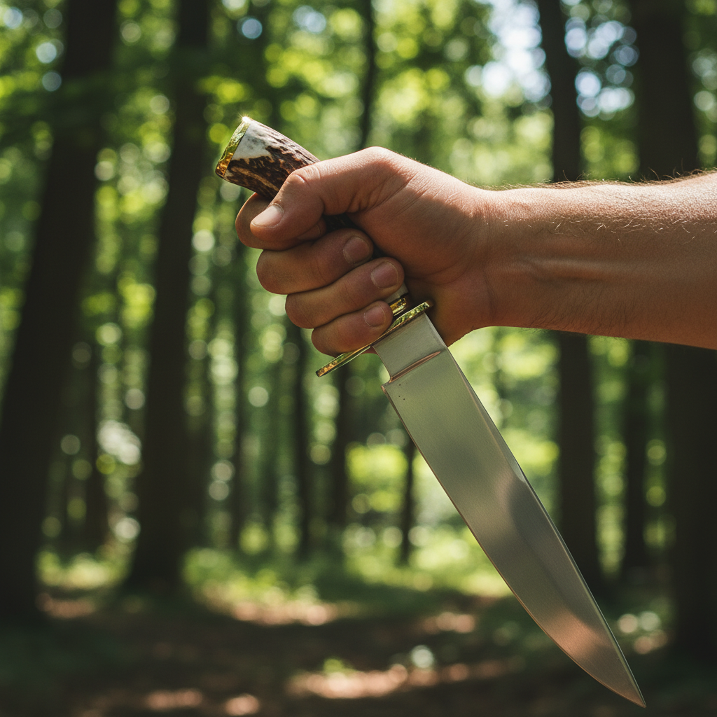 Rugged hand gripping carbon steel Bowie knife stag antler handle brass bolster dynamic outdoor grip pose forest bokeh