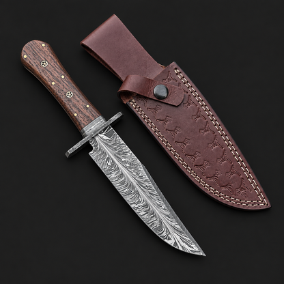 Wood handle Damascus hunting knife with sheath on charcoal studio background