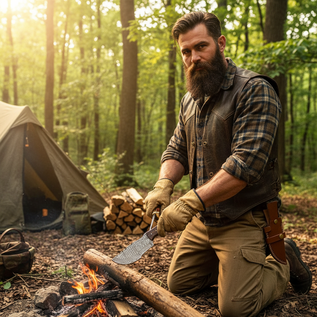 Rugged outdoorsman doing survival bushcraft with Damascus ram horn walnut tracker knife at bright forest campsite